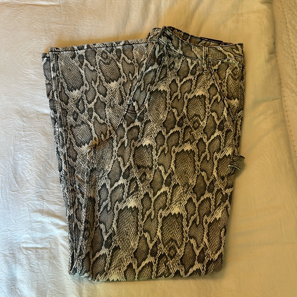 Snakeskin print denim painter pants